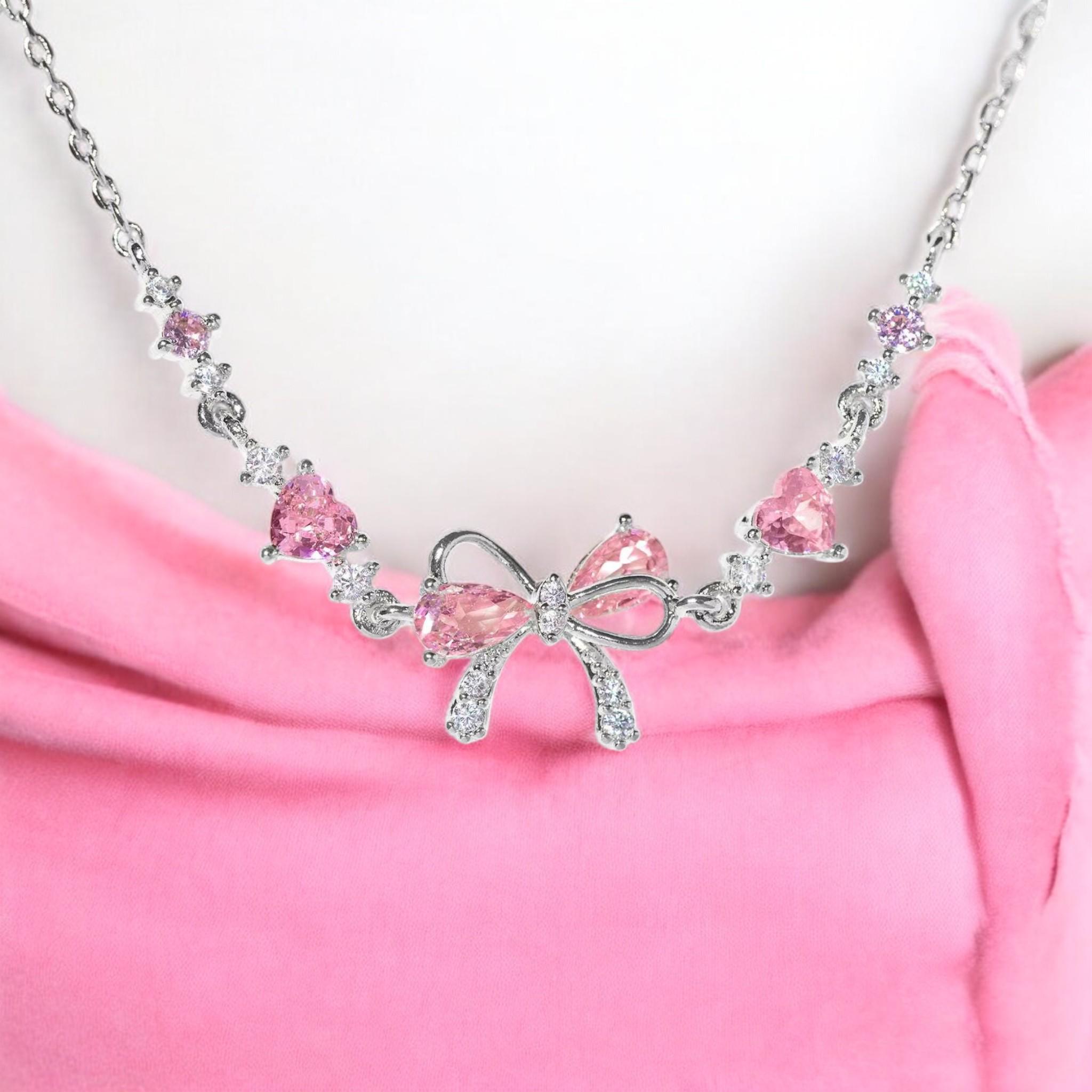 Sweet Pink Bowknot Love Heart Chain Bracelet for Women