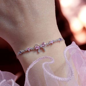 Pulsera de cadena con corazón y lazo rosa para mujer - Joyería de moda para niñas - Regalo de fiesta y cumpleaños - Pulsera de la amistad - Joyería de recuerdo