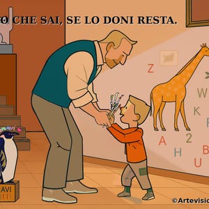 What You Know, If You Give It Away, It Stays – Educational Art Print with Grandfather and Child, Positive Message
