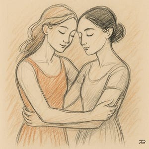 Può includere: Un bozzetto a matita raffigura due donne che si abbracciano, con gli occhi chiusi. Una indossa un abito arancione, l'altra un top grigio chiaro. L'opera utilizza toni marroni e grigi, con ombreggiature morbide e linee delicate, trasmettendo intimità.