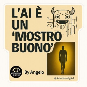 May include: A sticker with the text "L'AI È UN 'MOSTRO BUONO'" in black, featuring a cartoon monster and a silhouette of a person. The sticker is light yellow with a white border. The text "By Angelo" is also included.