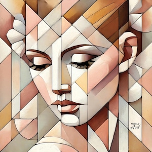 Può includere: Ritratto geometrico di una donna con gli occhi chiusi, reso in stile mosaico. L'opera presenta una tavolozza di rosa tenue, marroni e bianchi, con linee nette che definiscono i lineamenti del viso. La firma dell'artista, "ANGELO AUD", è visibile.