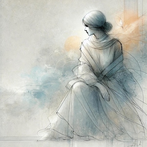 Peut inclure: Impression numérique d'une femme en robe fluide, rendu en tons bleus et gris doux. L'œuvre présente un travail de ligne délicat et une pose sereine et contemplative. L'arrière-plan présente de subtils lavis de couleur à l'aquarelle.