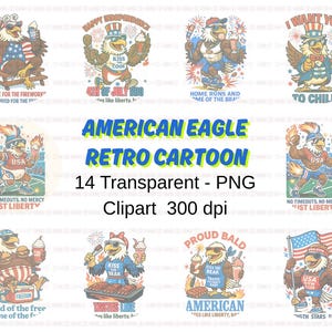 Clipart divertente dell'aquila patriottica in formato PNG, mascotte dei cartoni animati del 4 luglio, uccello con la bandiera degli Stati Uniti, arte retrò del giorno dell'indipendenza americana, file PNG dell'aquila americana