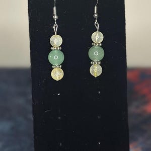 Citrine Aventurine Gemstone Dangle Drop Earrings - Silver
