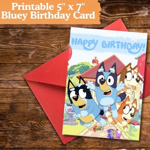 Cartão de aniversário inspirado em Bluey | Download digital DIY para impressão | Apresenta Bluey, Bingo e a família Heeler | Cartão de aniversário infantil