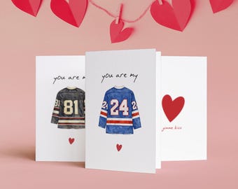 Op verhitte, op rivaliteit geïnspireerde afdrukbare verjaardagskaarten set, hockeyromantische Valentijnsdaggroet voor leesgrage meisjes
