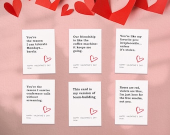 Dry Humor Office Valentijnsdagkaarten, 6 werkplekkaarten voor collega's, Last Minute digitale download, afdrukbare Funny Valentine-cadeaukaartje