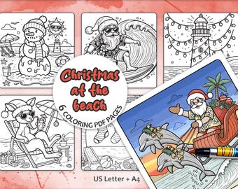 Kerstman in de zomer kleurboek, tropische kerst kleurplaten, kerstman aan het strand vakantieontwerpen (digitale pdf-download)