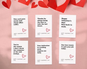 Grappige afdrukbare Valentijnskaarten voor collega, 6 sarcastische Office Vday-kaarten voor collega, werknemer, werkvriend, humor op de werkplek digitale pdf