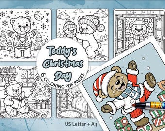 Kerstkleurplaten schattige teddybeer: ontwerpen voor feestelijke feestdagen (digitale download), 6 afdrukbare vellen