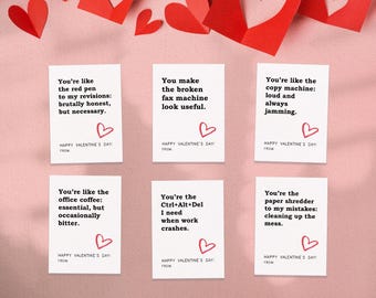 6 collega grappige Valentijnsdagkaart, Snarky Workplace Vday Notes, rooster je collega's, kantoorfeest, cadeaulabel, sarcastische humor set #5