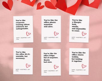 Funny Valentine-tags voor mannelijke collega's, set van 6 sarcastische minikaarten voor Valentijnsdag, geestige droge kantoorhumor (digitale download)
