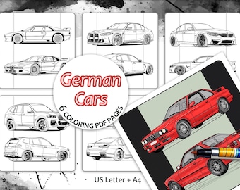 Kleurboek Duitse auto's: auto-ontwerpen, 6 afdrukbare pagina's (digitale pdf)