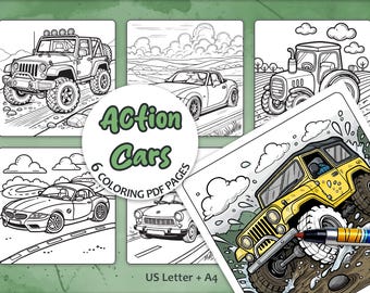 Autokleurplaten voor kinderen: tractor, jeep, BMW (digitale pdf-download, 6 afdrukbare ontwerpen)