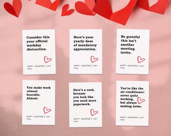 6 grappige Valentijnsdagkaarten voor mannelijke collega's, sarcastische cadeaukaartjes voor collega, digitale afdrukbare feestbedankje