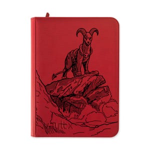 Peut inclure: Un classeur rectangulaire rouge à fermeture éclair orné d'une illustration au trait noir représentant une créature à cornes sur un rocher. Le nom de marque Vault X est embossé dans le coin inférieur gauche de la couverture à la texture grainée.