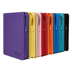 May include: A row of MintKeeper zippered binders in a spectrum of colors including purple, yellow, pink, red, orange, blue, teal, and black. Each binder features a vertical zipper closure with a small branded pull tab and a smooth exterior finish.