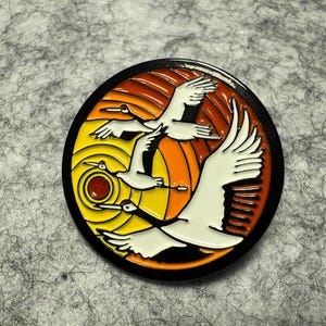 Japanese Sewer Manhole Cover Enamel Pin Sunset Cranes Kushiro Hokkaido