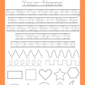 May include: A black and white printable worksheet for kids to practice writing the alphabet, numbers, and basic shapes. The worksheet includes dotted lines to help guide the child's hand.