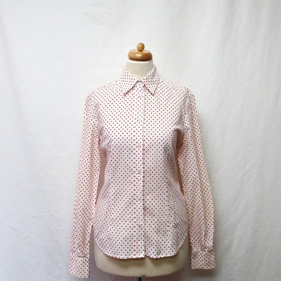 white dress shirt with red polka dots