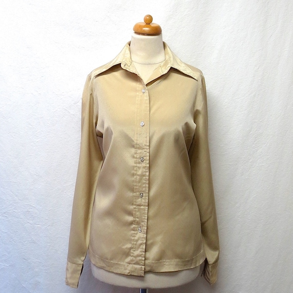 1970s Vintage Silky Shirt / Bisque Birds-eye Desig