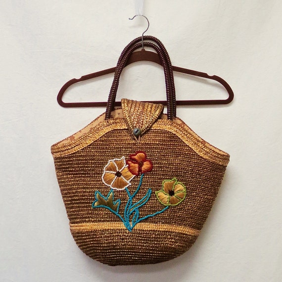 1940s / 50s Vintage Beaded Raffia & Straw Bag / Fl