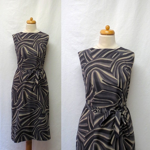 1960s Vintage Voile Dress & Sash Belt / Grey Abstr