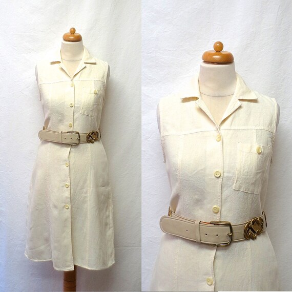 1990s Vintage Linen Dress / Cream Safari Style Shi