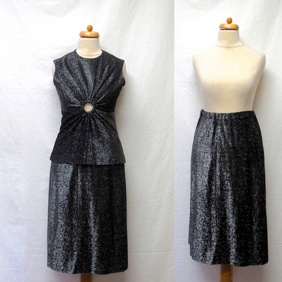 1960s / 70s Vintage Lurex Jersey Top & Skirt / Sil