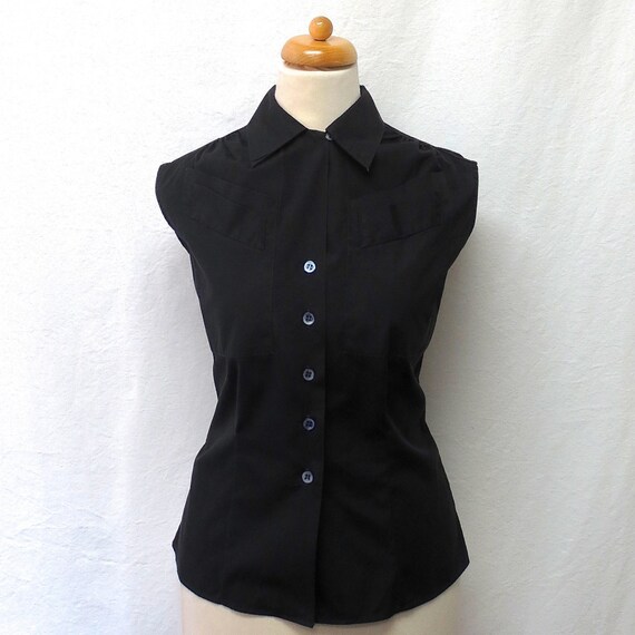 1950s Vintage Cotton Shirt / Black Sleeveless Top