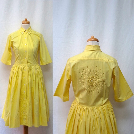 1950s Vintage Embellished Cotton Dress / Yellow Be