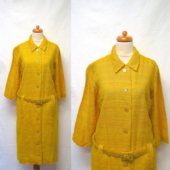 1960s Vintage Silk Coat Dress & Belt / Lemon Yello