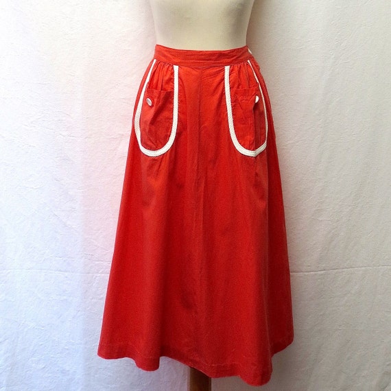 1950s Vintage Rope Trim Cotton Skirt / Coral & Whi
