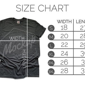 Peut inclure: Tableau des tailles pour un t-shirt gris fonc&eacute; avec des mesures en pouces pour la largeur et la longueur. Les tailles comprennent S, M, L, XL, 2XL et 3XL.