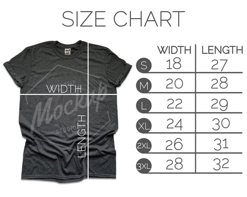 Peut inclure: Tableau des tailles pour un t-shirt gris fonc&eacute; avec des mesures en pouces pour la largeur et la longueur. Les tailles comprennent S, M, L, XL, 2XL et 3XL.