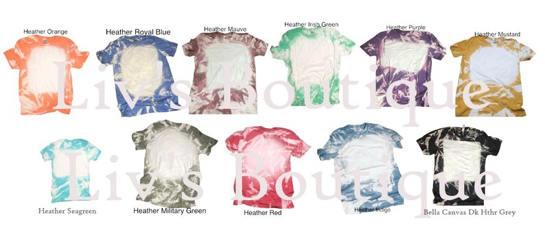 May include: A variety of tie-dye t-shirts in different colors, including orange, blue, mauve, green, purple, mustard, seagreen, military green, red, and grey. The shirts are all blank and ready to be customized.