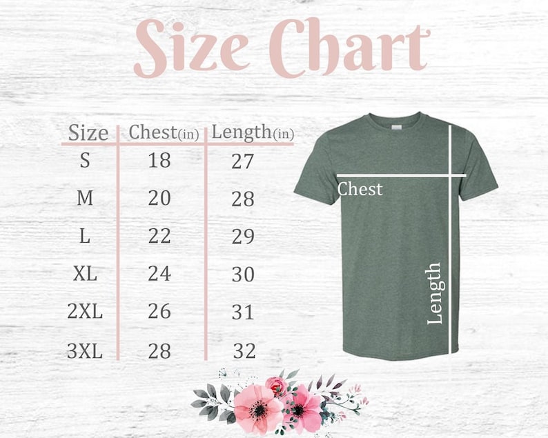 K&ouml;nnte beinhalten: Gr&ouml;&szlig;entabelle f&uuml;r ein T-Shirt mit Ma&szlig;en in Zoll f&uuml;r Brustumfang und L&auml;nge. Die Gr&ouml;&szlig;en umfassen S, M, L, XL, 2XL und 3XL.