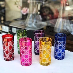 Ręcznie robione, zabytkowe szklanki do napojów bezalkoholowych ze szlifem kryształowym - zestaw 6 elementów | Styl boho, bezołowiowe, kolorowe naczynia barmańskie do koktajli, wody i nie tylko!