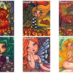 Może przedstawiać: Kolekcja sześciu kolorowych ilustracji przedstawiających postacie fantasy i motywy Halloween. Obrazy obejmują stos dyni z czaszkami, dziewczynę z dyniami, stworzenie z jesiennymi liśćmi, dziewczynę z zielonymi włosami, wróżkę i syrenę.