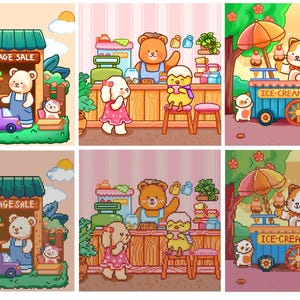 Könnte beinhalten: Eine Sammlung farbenfroher Illustrationen mit anthropomorphen Tieren in verschiedenen Umgebungen. Eine Szene zeigt einen Garagenverkauf mit einem Bären und einem Schwein, eine andere einen Bären an einem Tresen und eine dritte eine Katze, die Eis verkauft.