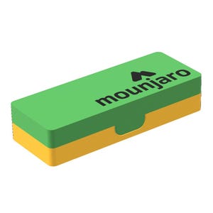 May include: A rectangular storage box with a bright green lid and a yellow base. The lid features the black text "mounjaro" printed in a lowercase sans-serif font, accompanied by a stylized black mountain-shaped logo above the word.