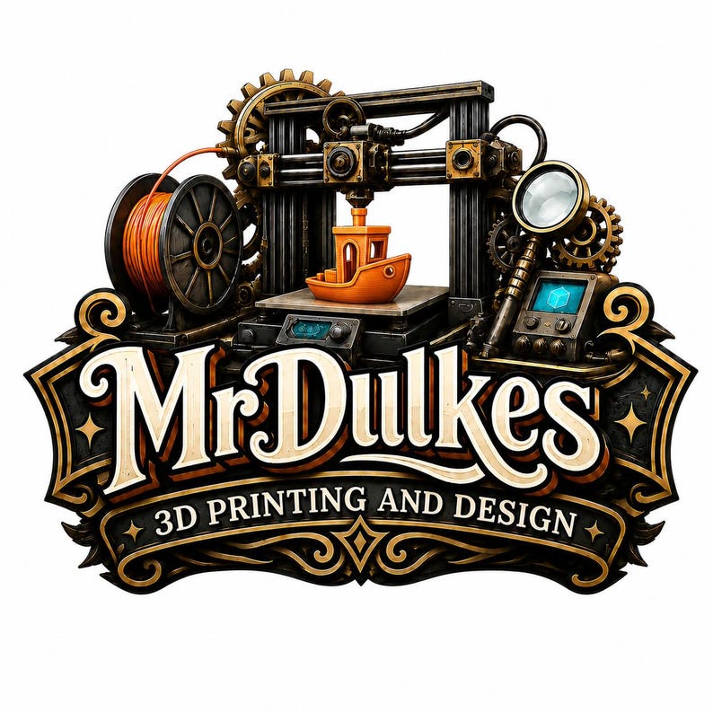 May include: A logo featuring a 3D printer with an orange filament spool and a small orange boat model on the print bed. The text MrDulkes 3D PRINTING AND DESIGN is displayed in a decorative font on a dark, ornate, gold-trimmed banner background.