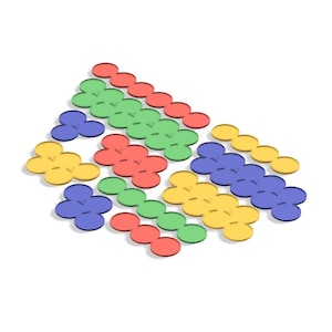 May include: An assortment of colorful, flower-shaped game pieces in red, green, blue, and yellow. The pieces are arranged in rows and clusters, creating a visually appealing pattern. The pieces are made of a solid material and cast a shadow.