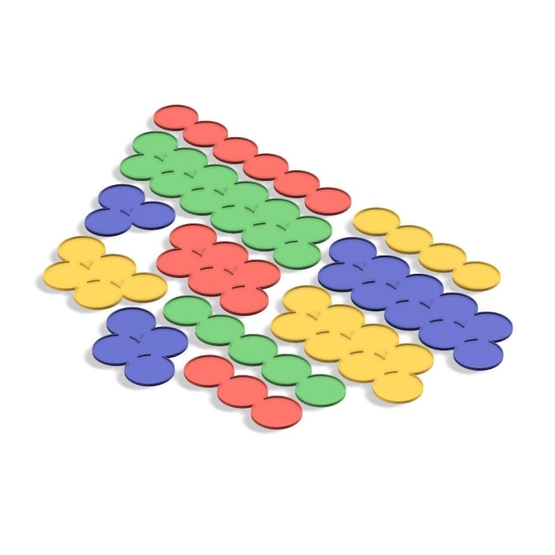 May include: An assortment of colorful, flower-shaped game pieces in red, green, blue, and yellow. The pieces are arranged in rows and clusters, creating a visually appealing pattern. The pieces are made of a solid material and cast a shadow.