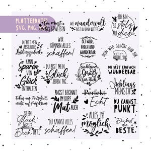 Puede incluir: Una colección de diseños de texto negro sobre un fondo morado claro. Los diseños incluyen frases como "Du musst nichts beweisen" y "Alles ist möglich". El texto está en una variedad de fuentes y estilos, con acentos florales y de hojas.