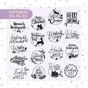 Può includere: Una collezione di design in bianco e nero a tema natalizio e invernale. Ogni design è circolare, con testi come "Merry Christmas", "Winter Zauber" e "Frohes Fest", e illustrazioni festive. Per formati SVG, PNG e DXF.