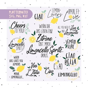 Könnte beinhalten: Eine Sammlung digitaler Designs mit Zitronen und Sätzen wie "Ciao", "Lemon Lovers" und "Limoncello Spritz". Die Designs umfassen Zitronen, Blätter und Text in verschiedenen Schriftarten, ideal für Bastelprojekte.
