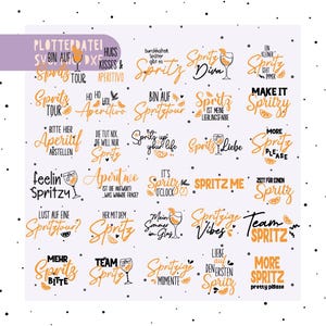 May include: A collection of orange and black Spritz-themed designs with various phrases and illustrations. The designs include text such as "Spritz Tour," "Spritz Diva," and "More Spritz Please," along with images of cocktails and orange slices. The designs are on a white background.