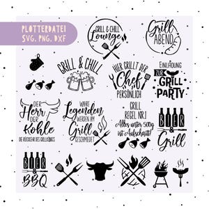 May include: A collection of black and white barbecue-themed graphics. The designs include text such as "Grill & Chill Lounge", "Grill Party", and "BBQ". Other graphics include beer bottles, grilling tools, and a bull silhouette.